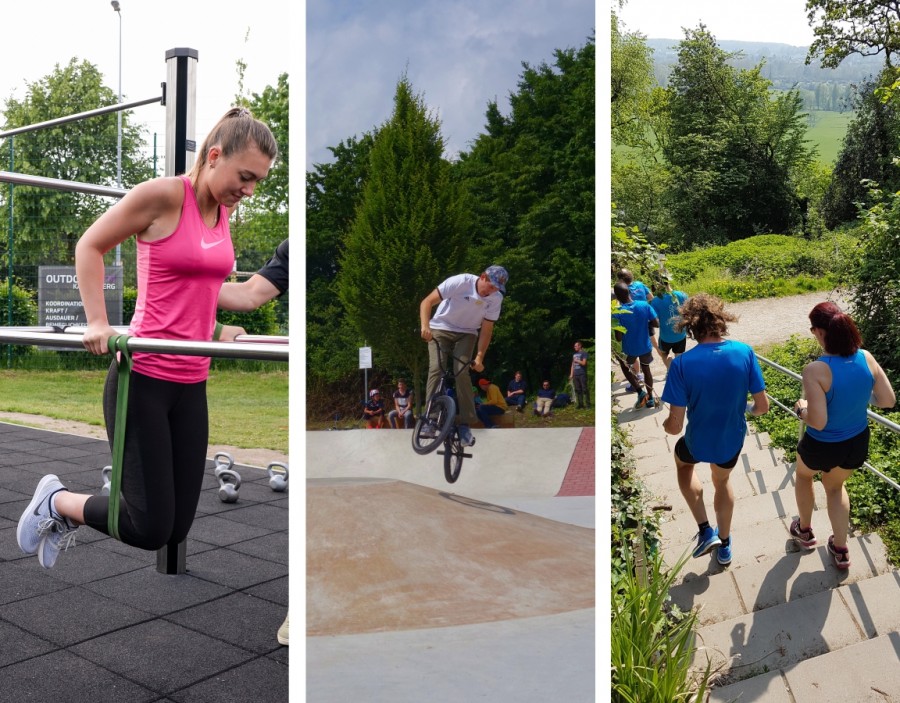 Beispielbild mit drei verschiedenen Freizeit-Sportorten in Mülheim an der Ruhr, Trainierende im Outdoorgym, BMX-Fahrer im Skatepark und Läufer auf einer Laufstrecke - Mülheimer SportService