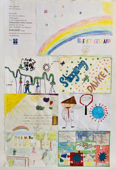 Dank der Kindernotbetreuung der Diakonie an das Gesundheitsamt: Kinder malten ihre schönsten Eindrücke - Übergabe einer Collage an Dr. Frank Pisani - Onlineteam